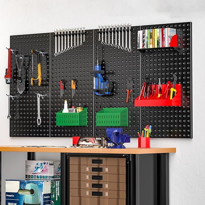 EVERHANGER Metal Pegboard Panels 24" x 12", Heavy Duty Steel Peg Boards for Garage, Pegboard Wall Organizer for Tool Storage and Organization, Black, 4 Pack