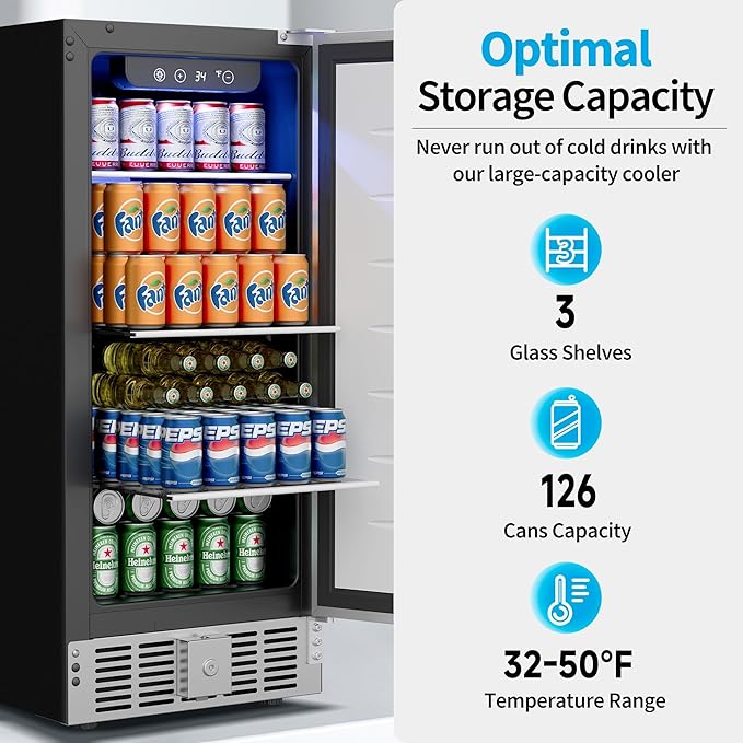 15 Inch Under Counter Beverage Refrigerator - 126 Cans Beverage Fridge with Stainless Steel Door for Beer Wine Soda - Built-in or Freestanding Wine Cooler for Home Kitchen Bar