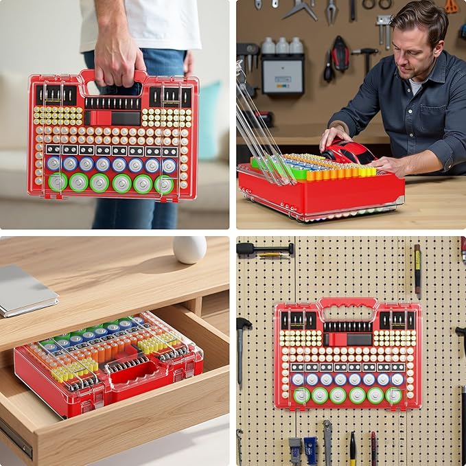 Battery Organizer Storage Holder Box Case with Tester, Stores & Protects Up to 260 Batteries, Double-Clear Locking Lid, Holds AA AAA C D and More (Not Includes Battery Pack) - Red
