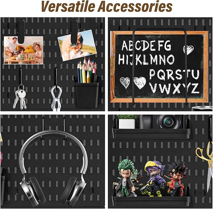 AKTOP Peg Board Wall Organizer 4-Pack – 12"x12" Black Pegboard Combination Kit with 13 Accessories for Wall, Plastic Peg Board Panels for Home, Office, Garage Tool Storage & Craft Room