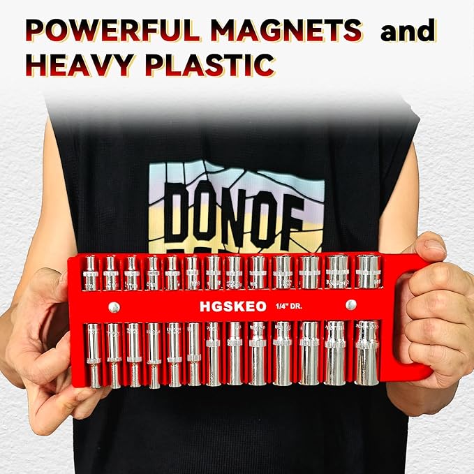 Magnetic Socket Holder Set with Handle, Portable Socket Organizer, Heavy Duty Socket Racks 1/4" Drive Holders Hold 26 standard Sockets for Tool Box(Red, 1/4" Drive)