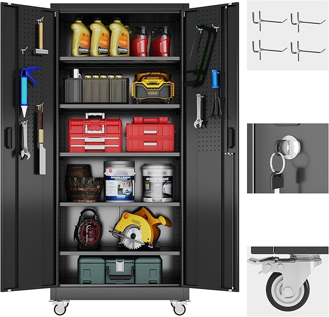 Aobabo 71" H×34" W×18" D Garage Storage Cabinet with Wheels, Metal Locking Storage Cabinet with 4 Hooks and 5 Steel Shelves for Garage, Home Office, School, Assembly Required, Black