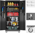 Aobabo 71" H×34" W×18" D Garage Storage Cabinet with Wheels, Metal Locking Storage Cabinet with 4 Hooks and 5 Steel Shelves for Garage, Home Office, School, Assembly Required, Black