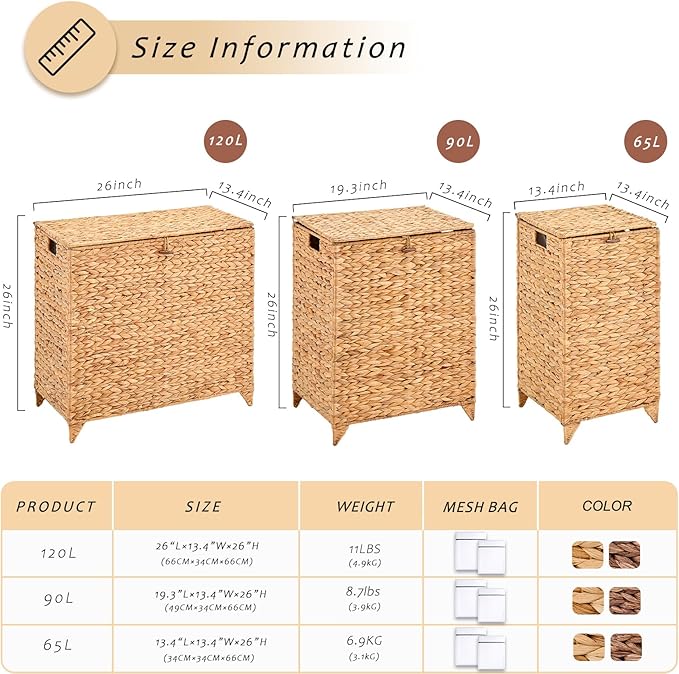 Handwoven Laundry Hamper with Lid, Natural Hyacinth Heightened Feet Laundry Basket, Wicker Clothes Hamper with Removable Liner Bag