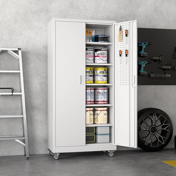 Metal Garage Storage Cabinet with Wheels & Pegboard, Lockable Metal Storage Cabinets with 2 Doors&5 Adjustable Shelves for Garage&Home,Assembly Required,White 71''H x32''W x16''D