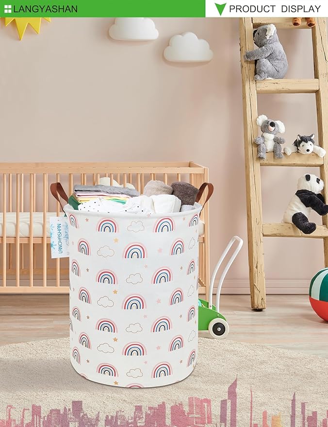 LANGYASHAN Laundry Basket Canvas Fabric Collapsible Organizer Basket for Storage Bin Toy Bins Gift Baskets Bedroom Clothes Children Nursery Hamper (Round Cloud Rainbow)