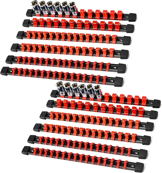Socket Organizer Drive ABS Tools - Red Socket Holder, Premium Quality 12 Pieces Socket Holders Kit 1/4-Inch x 64 Clips, 3/8-Inch x 60 Clips, 1/2-Inch x 48 Clips（12PC,Red)