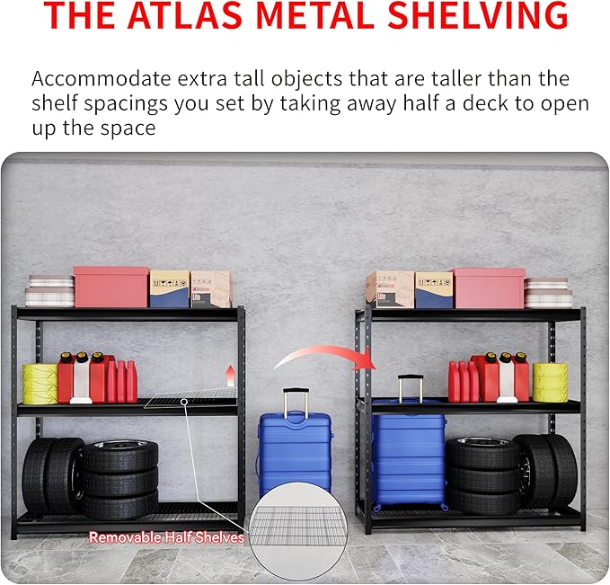 The Atlas 72" H Metal Garage Shelving Unit, 3-Tier Heavy Duty Storage Shelves, 7500 LBS Load Capacity, Industrial Steel Shelf Rack for Shop Warehouse Basement, 77”W x 24”D x 72”H