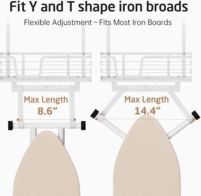 KES Ironing Board Hanger, Over The Door Ironing Board Holder Door Mount with Storage Shelf Y and T Shaped Fits for 1 3/4 Doors White, HIR501B-WH