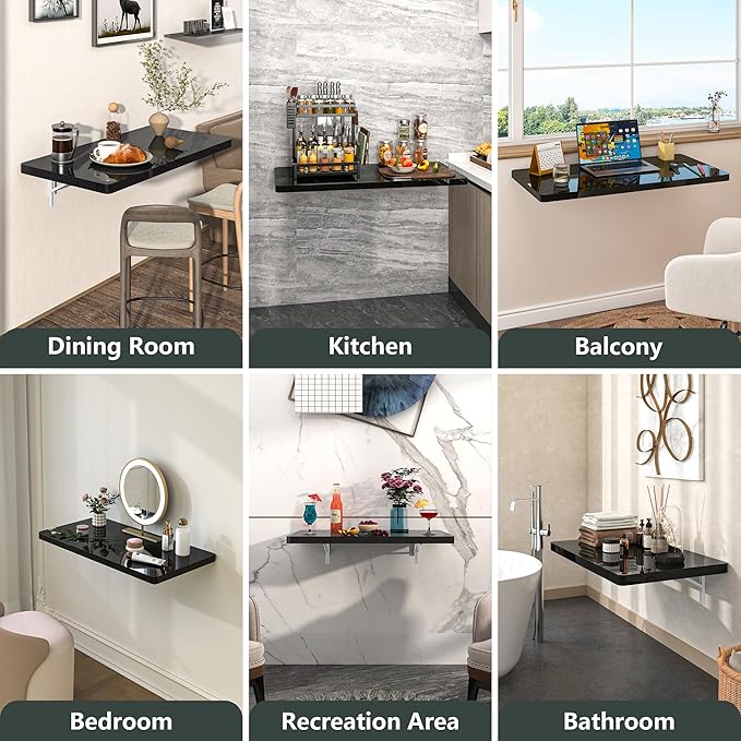 Clikuutory Wall Mounted High Gloss Folding Table, Wall Desk Fold Down for Small Spaces, Folding Workbench for Laundry Room, Home Office, Kitchen, Bedroom, Home Bar, Black(31.5"×15.7")
