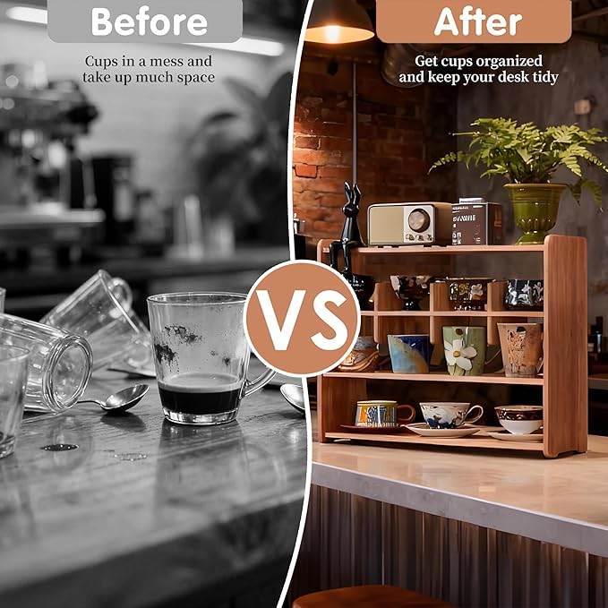 Coffee Cup Holder for Countertop Walnut Wood Coffee Mugs Holder for Kitchen Mug Display Rack (4-Tier wood A)