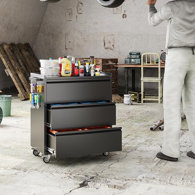 Aobabo Metal Storage Cabinet on Wheels, Black Tool Garage Cabinet with 3 Drawer, for Home Office, Assembly Required