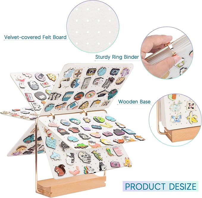 PACMAXI Display Organizers, Brooch Holder, Enamel Pin Pages for Store 180+ Pins, Collection Storage Calendar Wooden Stand With 6 Pages (Not Include Any Accessories) (White)