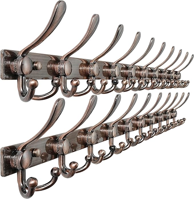 Dseap MaxStrong 2.0 Coat Rack Wall - 37” Long 10 Tri Hooks - Ultra Heavy-Duty Stainless Steel Wall Mount Coat Hanger, Hook Rail for Clothes Hats Jacket Towels Antique Copper, Pack of 2