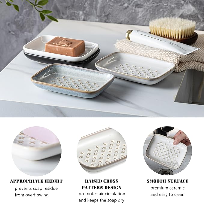 Gomakren Soap Dish, Shower Soap Holder, Christmas Ceramic Soap Dishes for Bar Soap Sponge Shampoo, Soap Saver Tray for Bathroom Kitchen Sink Counter, 5.5 Inch, Beige