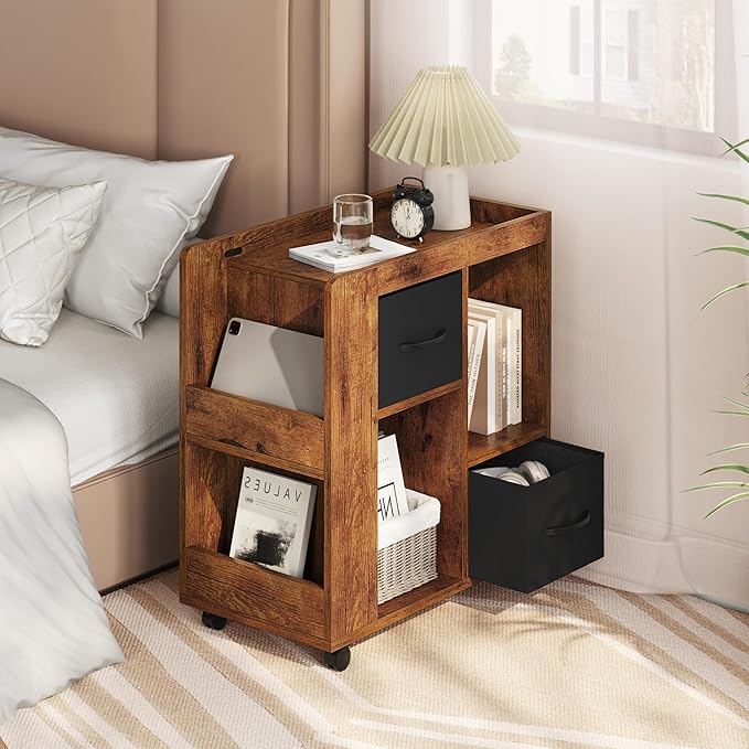 Yaheetech Narrow Side Table with Storage, Wooden Rolling Nightstand Bedside Table with Wheels, Magazine Racks and Open Shelves, End Table with Drawers for Living Room Bedroom, Rustic Brown