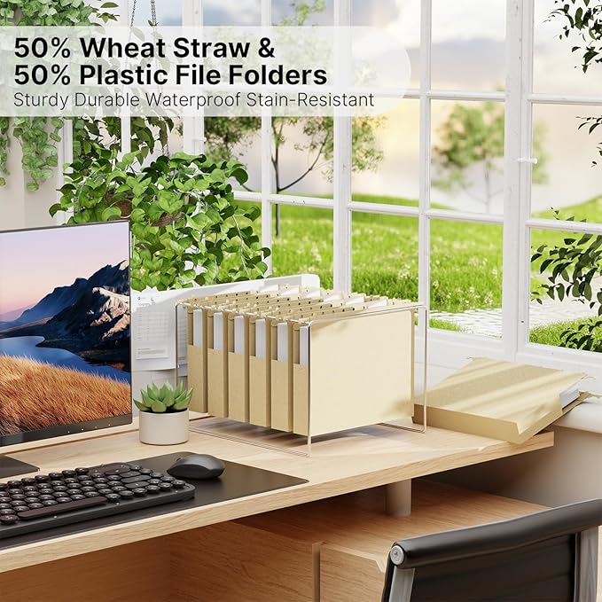 Wheat Straw Plastic Hanging File Folder Letter Size,Heavy Duty 1" Expanding Pocket for Filing Cabinet,12 Pack Extra Capacity Hang Folders with Tabs,Expandable File Organizer,Morandi Yellow