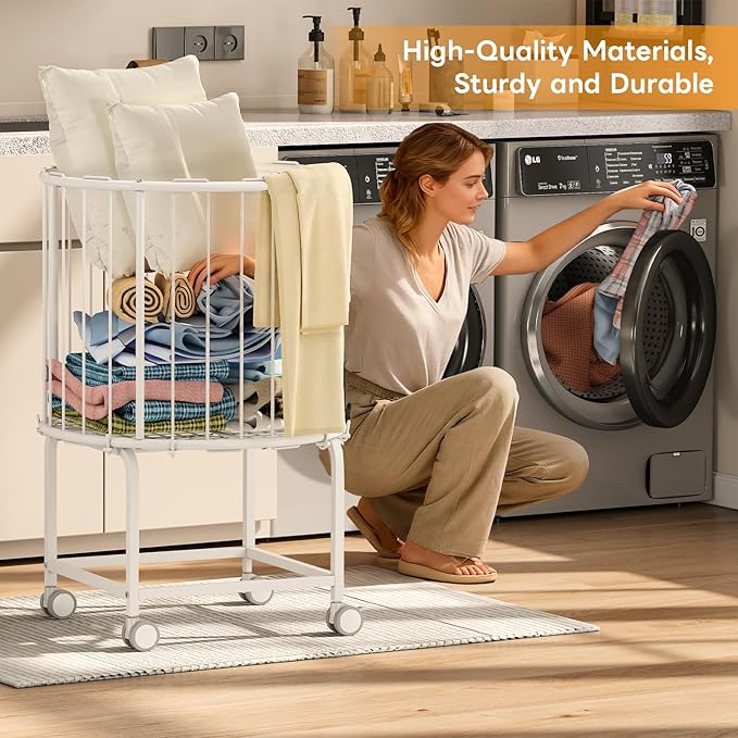 29-Gallon(110 L) Laundry Cart with Wheels,Rolling Round Metal Laundry Basket Cart with Elastic Cord,2 Locking Wheels-White