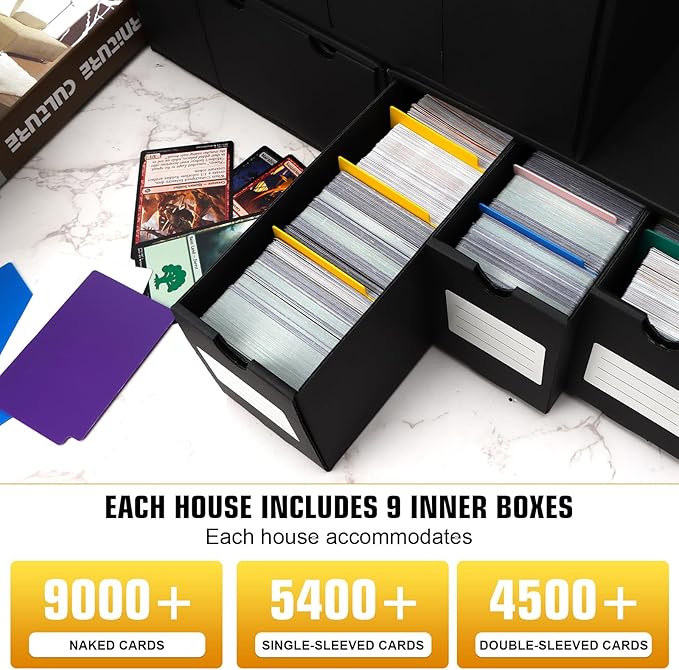 Trading Card Storage Box, Includes 9-600 CT Boxes & 48 Card Dividers, 9000+ Trading Card Organizer for Collectible Card Games, for TCG, YGO, MTG, PTCG, Baseball Cards, with Labels & Tapes