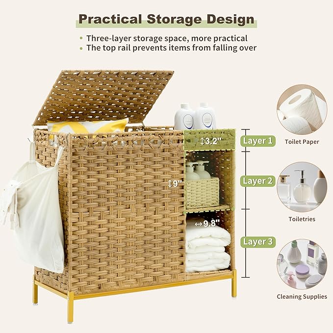 Laundry Hamper with Lid, 110L (29.1 Gal) Rattan Laundry Hamper 2 Section with 50L (13.2 Gal) Storage Shelf, Wicker Woven Laundry Sorter Basket with 3 Liner Bags and Handles, Natural GLH002N