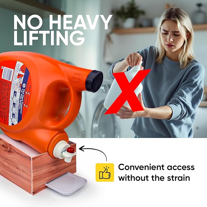 Skywin TidyFriend No-Spill Wood Liquid Laundry Detergent Dispenser Holder, Laundry Soap Dispenser Holder with Drip Tray for Laundry Room Organization