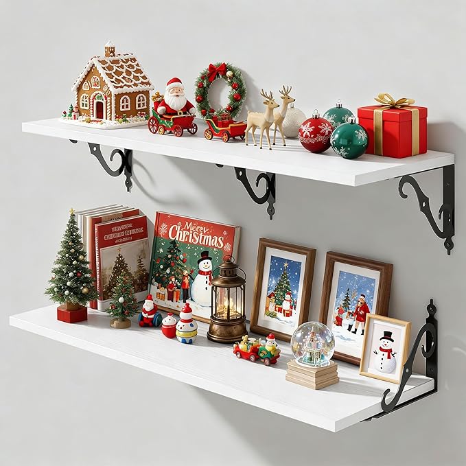 36 Inches Floating Shelves, Rustic Long Wall Shelves, 12 Inch Deep Book Shelf Wall Mounted with Bracket, Wide Display & Storage Shelves for Living Room, Bathroom, Bedroom, White, Set of 2