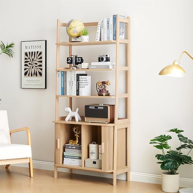 4-Tier Bookshelf, Tall Bookcase with Open Shelf and Sliding Door, 70” Freestanding Storage Organizer Display Cabinet for Living Room, Home Office (Natural)