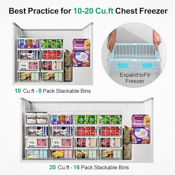 iSPECLE Freezer Organizer Bins - Fit 10 to 20 Cu Ft Chest Freezer, 2 Pack Large Expandable Stackable Deep Freezer Organizer Bins Sort and Easily Get Food without Digging in the Freezer, White