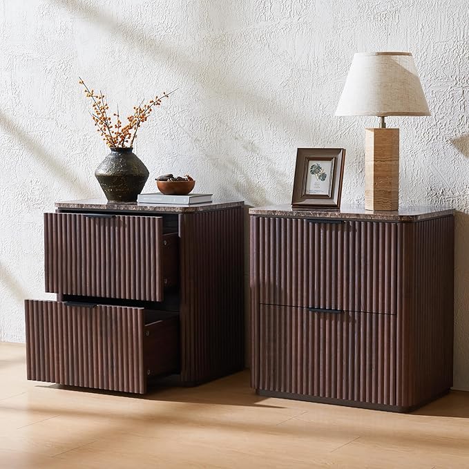 Fluted Nightstand Set of 2, Bedside Table with 2 Drawers, Engineered Wood End Table with Faux Marble-Top, Curved Corners, Metal Handle, Modern Night Stand for Bedroom, Small Spaces, Dark Oak