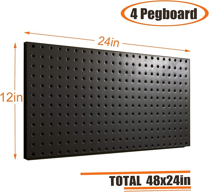 Wallmaster Pegboard Organizer Garage Storage - 48pcs Pegboard Hooks Set, Pegboard Tool Organizer with 48x24 Inch Steel Peg Board & 4 Storage Bins (Black)