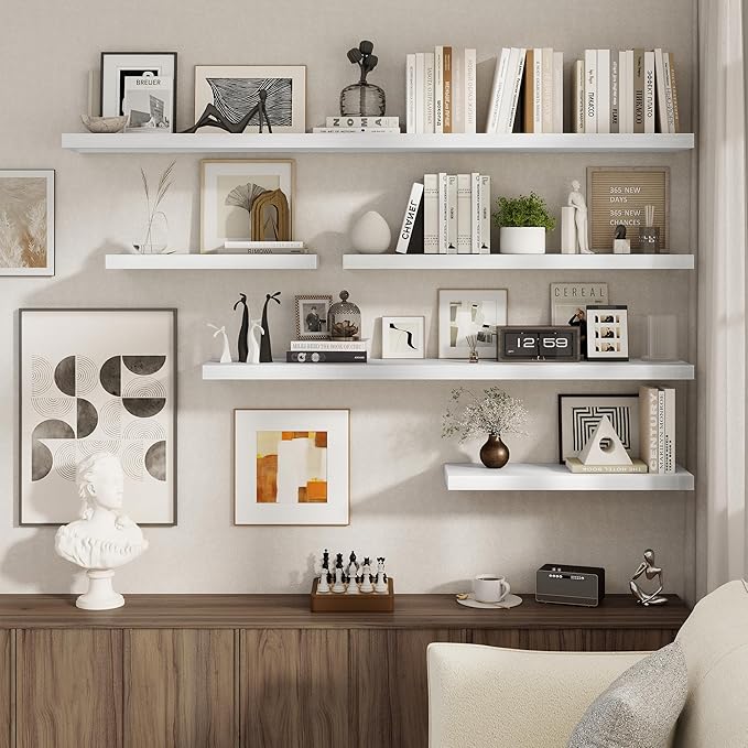 Fun Memories 55 Inch Floating Shelves for Wall 2 Pack Shelves for Bedroom|Kitchen|Bathroom Wall Mounted Rustic Wood Floating Shelf with Invisible Brackets for Books|Storage|Decor, White