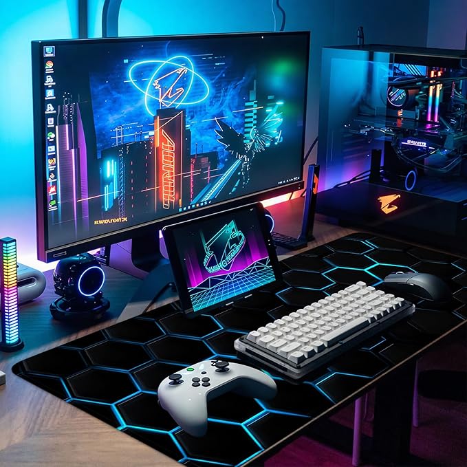 Gaming Mouse Pad – Large Extended Desk Mat 31.5 x 11.8 in– Futuristic Black Honeycomb Design with Blue Glow, Non-Slip Base, Waterproof Surface, Keyboard & Mouse Pad for Gaming or Office
