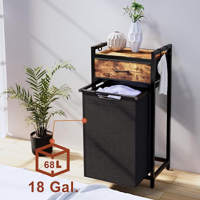 Laundry Hamper, Laundry Sorter, Rolling Laundry Basket with Drawer, 18 Gal (68 L), Pull-Out and Removable Oxford Fabric Bags, Black and Rustic Brown