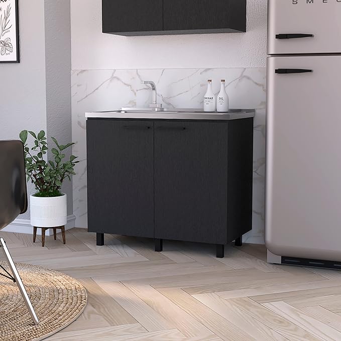 Oklahoma 2 Utility Sink & Cabinet, Interior Shelf, Aluminum Countertop,Black -Kitchen Room