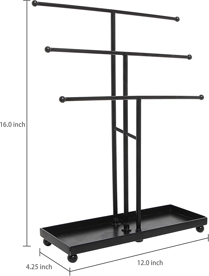 MyGift Modern Jewelry Organizer, 3 Tier Black Metal Tabletop Bracelet and Necklace Jewelry Storage Display Tree Rack with Base Ring Tray