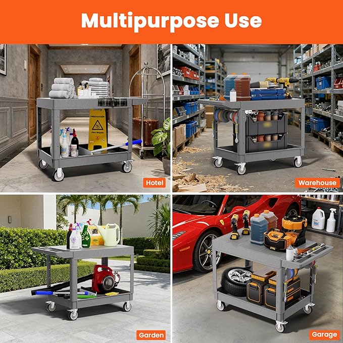 2 Tier Plastic Rolling Utility Cart on Wheels, Heavy Duty Tool Cart with Deep Shelves and 360° Swivel Wheels Holds up to 550 lbs, Service Cart for Garage, Warehouse, Cleaning (Grey-L-Flat Top)