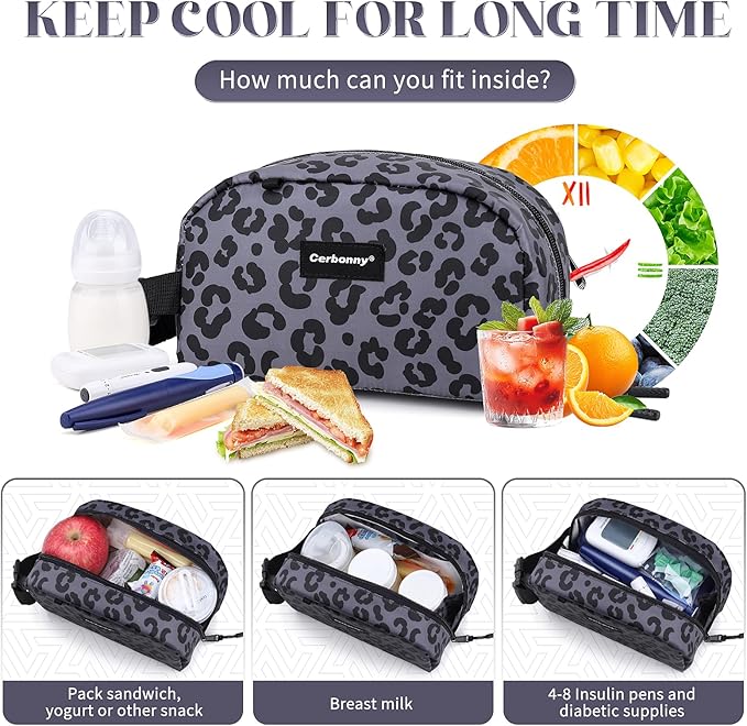 Cerbonny Reusable Lunch Bag, Grey Leopard, 2.5L, Insulated, Zipper Closure, Portable, Thermal Insulated, Office, Picnic, Travel, School
