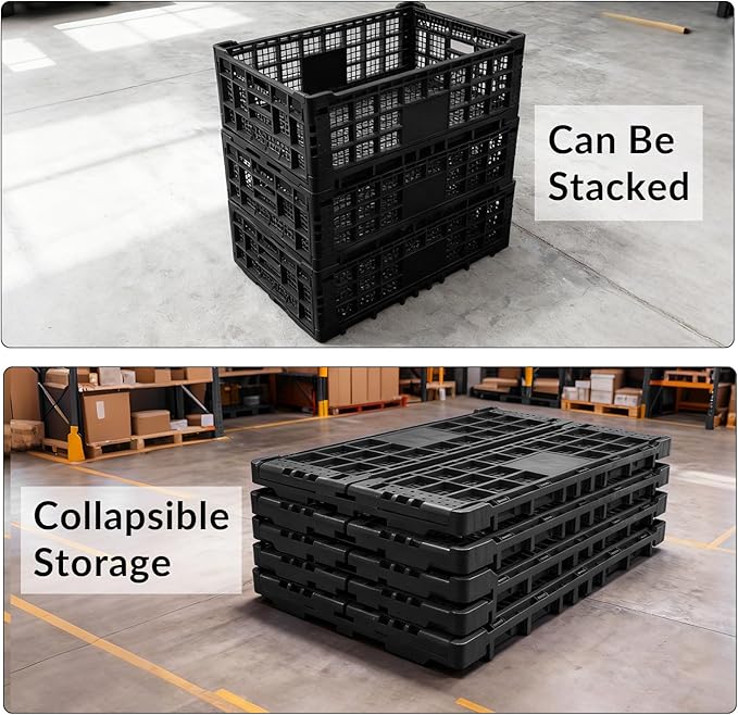 Collapsible Storage Crates, 52 Liter Heavy Duty Foldable Plastic Crates , Storage Baskets and Bins 23.6" L x 15.7" W x 8.6" H Stackable Dairy Milk Crates for Office, Home, Toy Storage