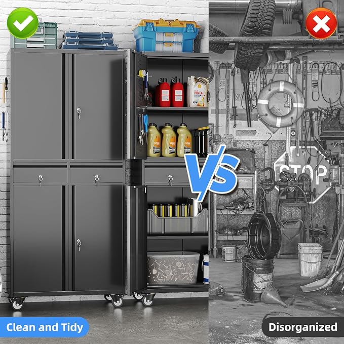 71''H Metal Garage Storage Cabinet with Wheels & 4 Pegboard,Rolling Tool Cabinet with Adjustable Shelves & 2 Lockable Drawer for Garage,Office,Home, Assembly Required,Black