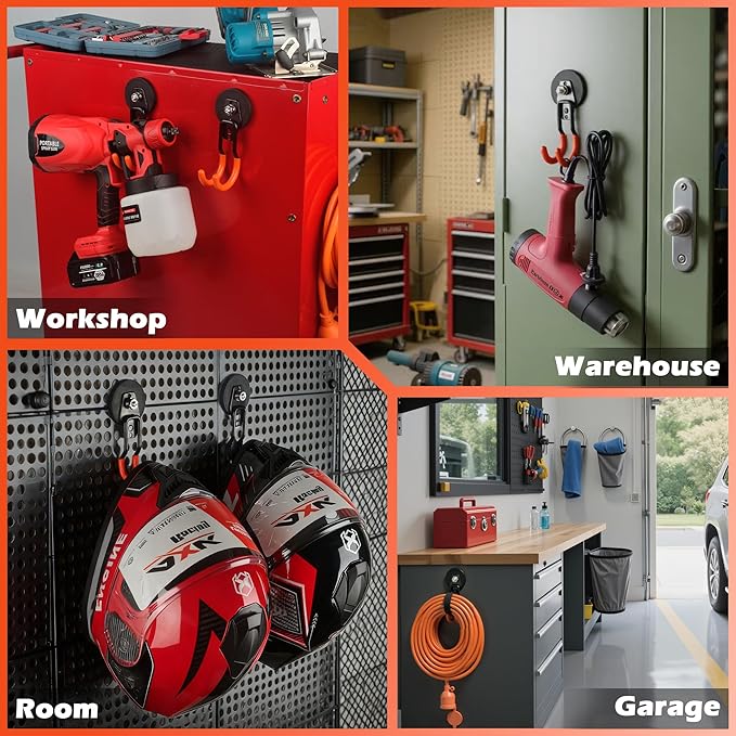 ULIBERMAGNET New Updated Garage Strong Magnetic Hooks, 2 Pack Heavy Duty Large J Hooks with Magnet, Anti-Slip Coating Magnet Hooks for Garden Tools, Ropes,Drill
