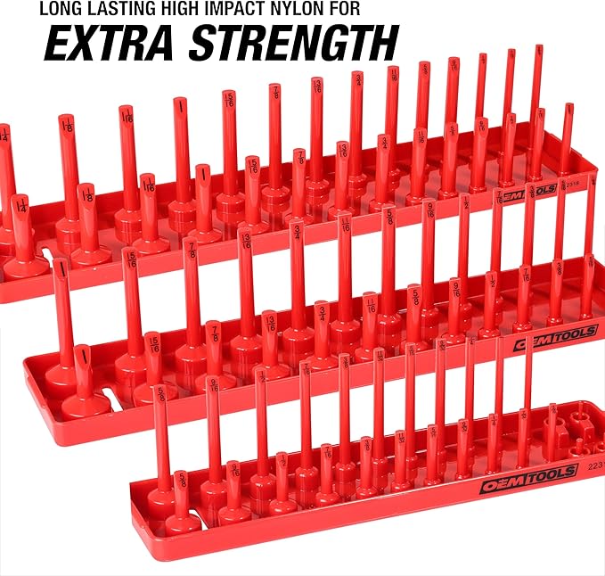 OEMTOOLS 22234 Socket Organizer, 6 Piece Socket Organizers, SAE and Metric, Socket Holders 1/4, 3/8, 1/2 Drive Sockets, Socket Holder for Toolbox, Red and Black