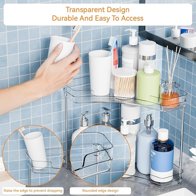 Yieac Clear Bathroom Counter Corner Shelf for Restroom and Vanity,2 Tier Bathroom Counter Organizer and Corner Sink Organizer,Two Tier Small Bathroom Sink Organizers & Stand for Makeup,Beauty Product