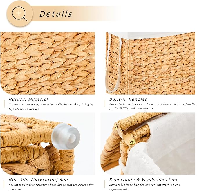 Handwoven Slim Laundry Hamper, 75L Narrow Laundry Basket, Natural Water Hyacinth Basket and Handles and Removable Liner Bag & 2 Mesh Bags (Natural, 75L)