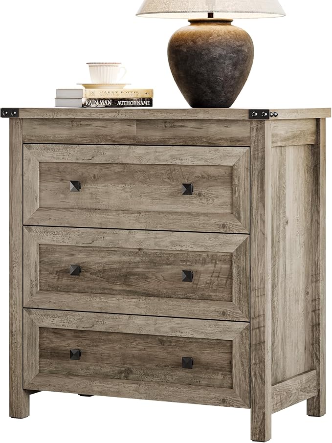 Dresser for Bedroom with 3 Drawers, Small Chests of Drawers, 27.55" Wide Farmhouse Wood Nightstand Bedside Cabinet End Table, Modern Closet Storage Organizer for Living Room, Entryway, Hallway, Grey