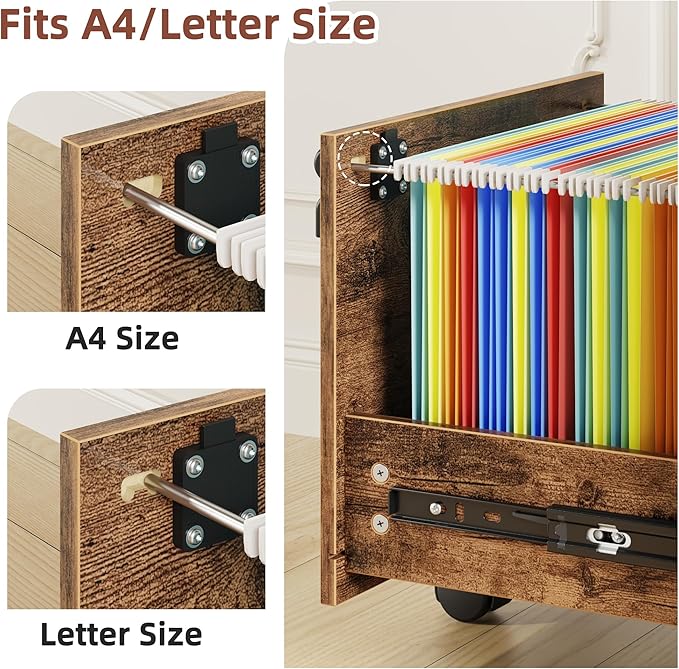 GYIIYUO 2 Wood Drawer Lockable File Cabinet with 22'' Extended Desktop, Mobile Filing Cabinet with Side Bag, Rolling Printer Stand, Fits A4&Letter Size, Home Office, Rustic Brown