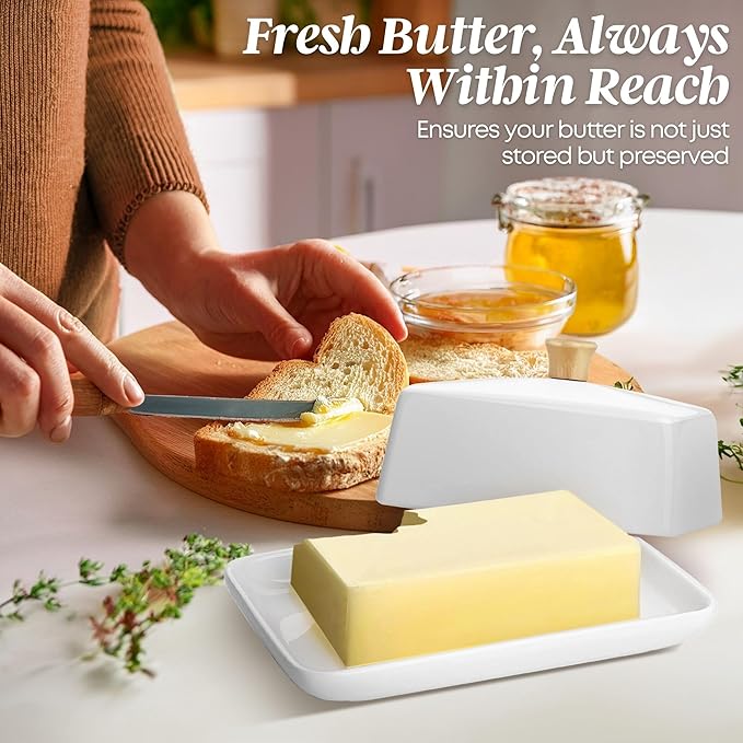 Flexzion Ceramic White European Butter Dish with Lid for Countertop (8 Inch) - Wide 2 Stick Double Butter Holder for Counter, Cream Cheese Container Storage Keeper