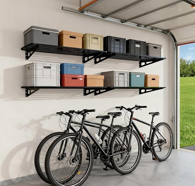 Garage Shelving Wall Mounted, 2-Pack 2x8ft Garages Shelving 24-inch-by-96-inch Wall Shelf Garage Storage Rack Floating Shelves, Space-Saving Black