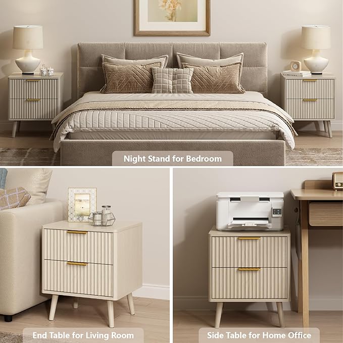 CARPETNAL Fluted Nightstand Set of 2, Beige Bedside Table with 2 Drawers and Gold Handles, Wood End Table Mid Century Night Stands for Bedroom Living Room