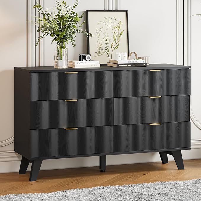 6 Drawer Dresser, Modern Fluted Storage Dresser with Deep Drawers and Metal Handles, Wood Chest of Drawers Storage Organizer for Bedroom, Living Room, Hallway (Black)