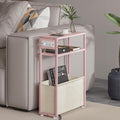 Pink Side Table with Charging Station, Slim End Tables with Linen Basket, Skinny Table for Small Spaces, Thin Bedside Table for Living Room, Bedroom